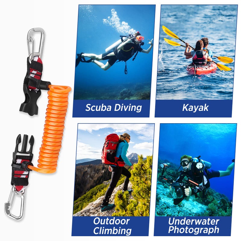 OVOVFANY Scuba Retractable Lanyard, 316 Stainless Steel Double-Clips and Spiral Core Anti-Lost Lanyard with Quick-Release Buckle & Dive Down Flag Webbing Band for Underwater Camera/Torch/Rod Safety (Orange) - Image 5
