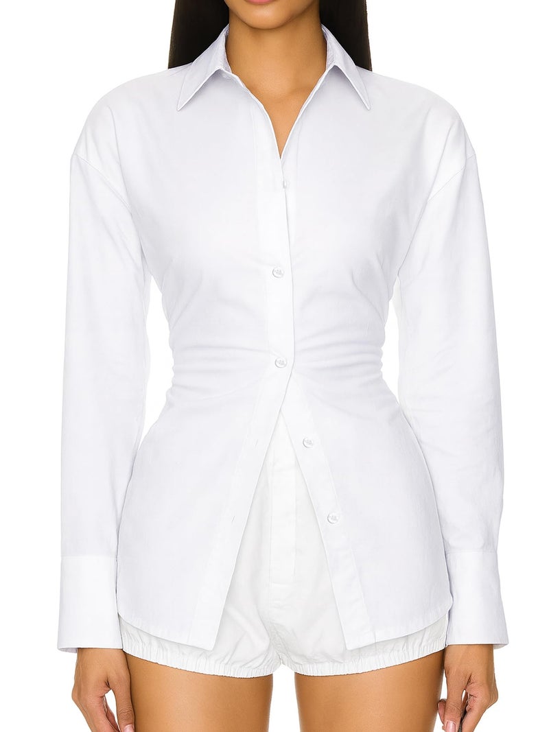 SUNNOW Women's Button Down Shirt Casual Cinched Waist Blouse Work Top, Stylish Office & Casual Shirt (US, Alpha, Small, Regular, Regular, White) - Image 1