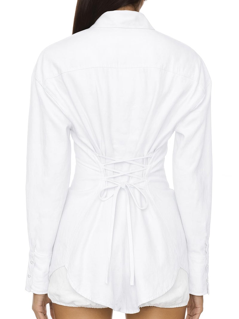 SUNNOW Women's Button Down Shirt Casual Cinched Waist Blouse Work Top, Stylish Office & Casual Shirt (US, Alpha, Small, Regular, Regular, White) - Image 3