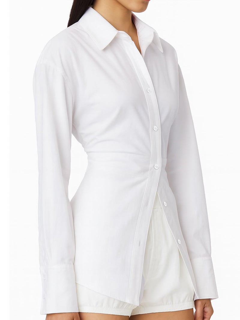 SUNNOW Women's Button Down Shirt Casual Cinched Waist Blouse Work Top, Stylish Office & Casual Shirt (US, Alpha, Small, Regular, Regular, White) - Image 2