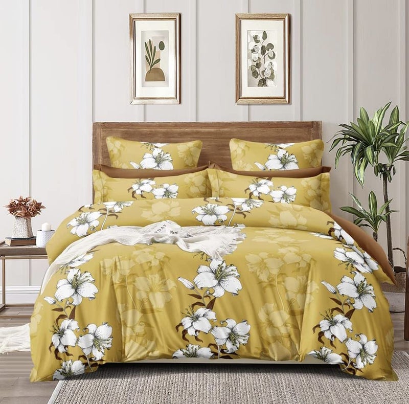Subtlespreads Subtlespreads Cotton Feel Microfibre Double Bed Bedsheet with 2 Pillow Covers Yellow Lilies 90x100 inches Suitable for King Queen Size Beds 