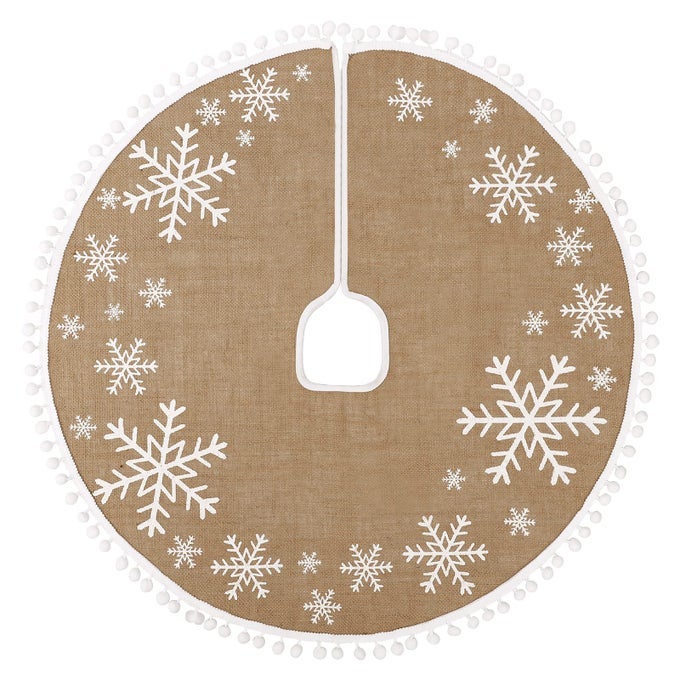 CHRISTMAS TREE SKIRT 30 INCH SMALL BURLAP TREE MAT WITH WHITE LARGE SMALL SNOWFLAKE PATTERNS POM POMS FOR HOLIDAY PARTY INDOOR HOME CHRISTMAS TREE DECORATIONS
