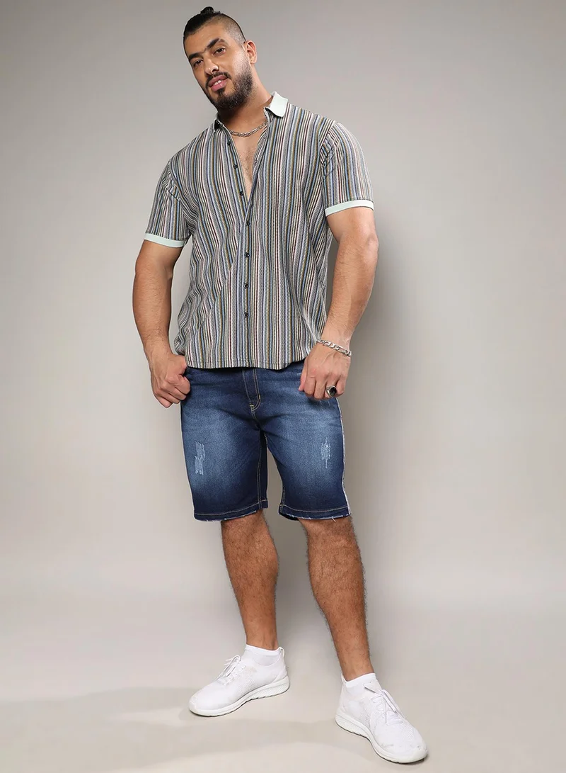 Instafab Plus Instafab Plus Men's Sage Green Contrast Knitted Shirt For Casual Wear | Spread Collar | Short Sleeve | Button Closure | Cotton Shirts Crafted With Comfort Fit For Everyday Wear