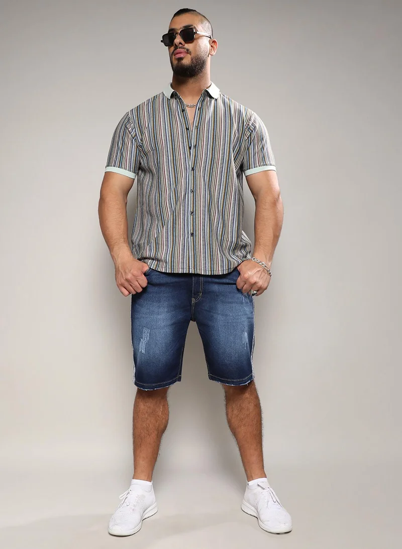 Instafab Plus Instafab Plus Men's Sage Green Contrast Knitted Shirt For Casual Wear | Spread Collar | Short Sleeve | Button Closure | Cotton Shirts Crafted With Comfort Fit For Everyday Wear