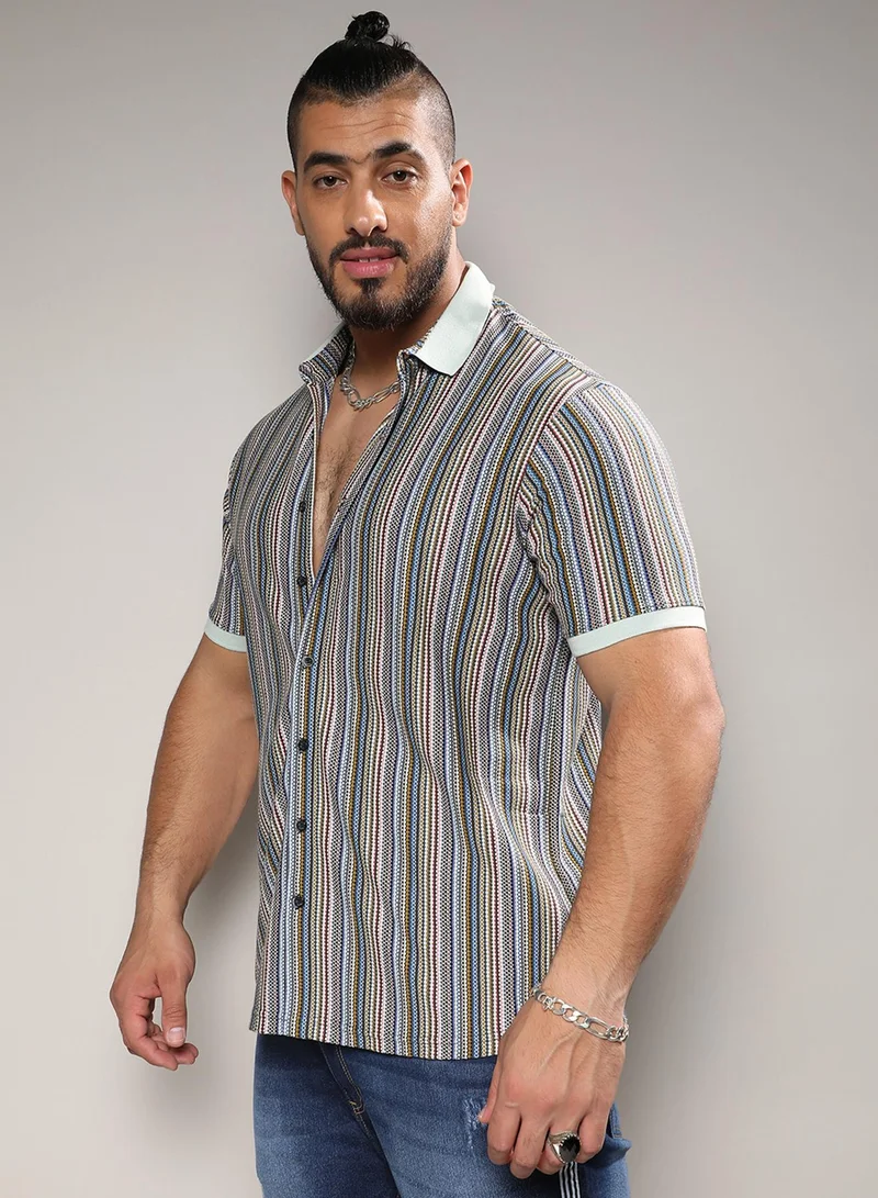 Instafab Plus Instafab Plus Men's Sage Green Contrast Knitted Shirt For Casual Wear | Spread Collar | Short Sleeve | Button Closure | Cotton Shirts Crafted With Comfort Fit For Everyday Wear
