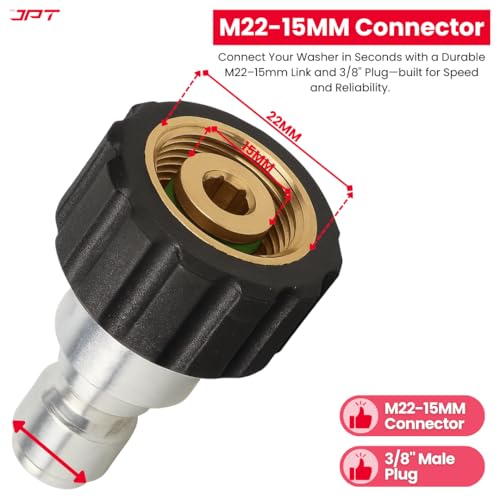 JPT Heavy-Duty Pressure Washer Adapter Set — Solid Brass M22-15mm ⇄ 3/8" Quick-Connect (Male & Female Swivel) | 5000 PSI, Leak-Proof, Corrosion-Resistant Hose & Gun Connector - Image 4