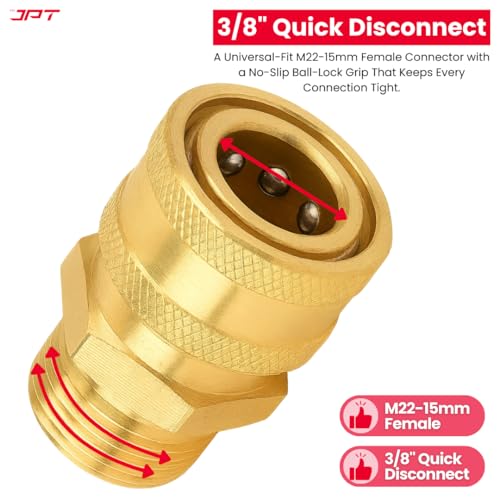 JPT Heavy-Duty Pressure Washer Adapter Set — Solid Brass M22-15mm ⇄ 3/8" Quick-Connect (Male & Female Swivel) | 5000 PSI, Leak-Proof, Corrosion-Resistant Hose & Gun Connector - Image 2
