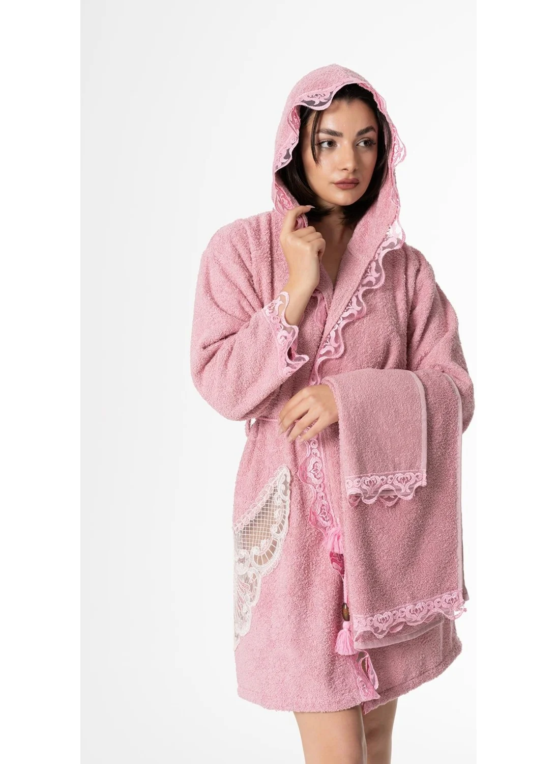 Ender Home Flora Nightgown Bathrobe Set 5 Pieces Lace Dowry Women's Bathrobe