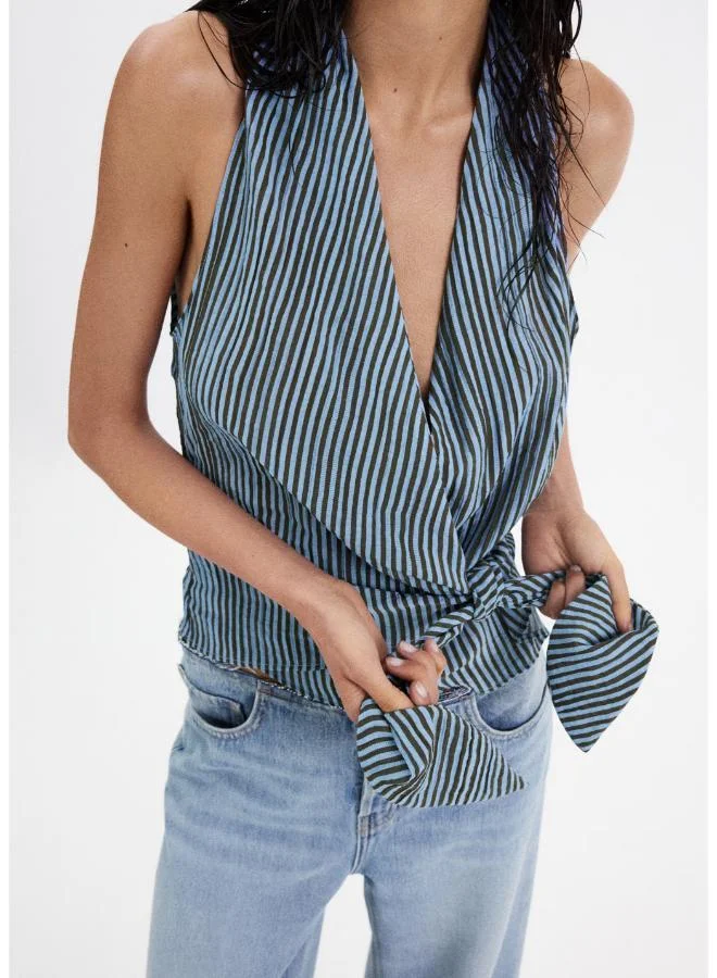 مانجو Striped Wrap Blouse With Bow