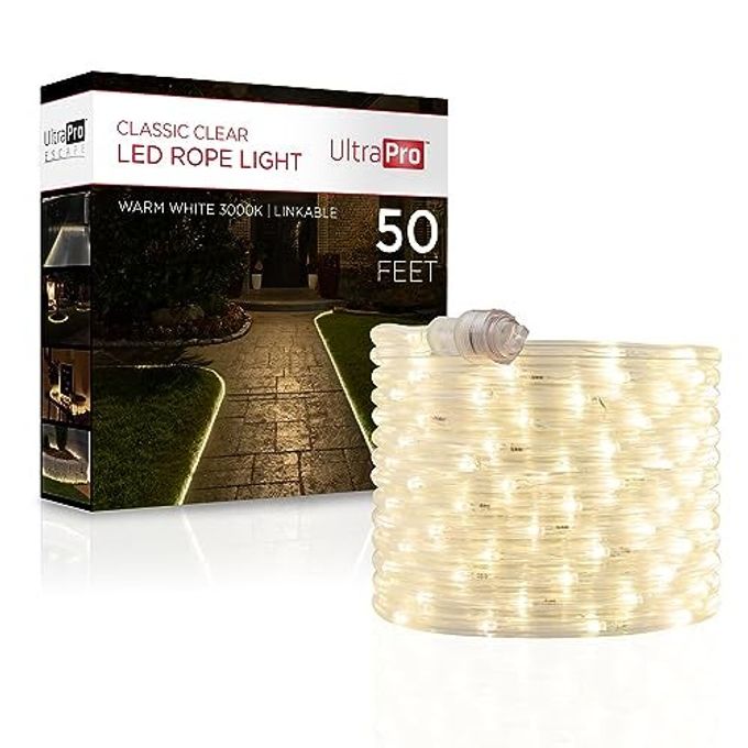 UltraPro LED Rope Lights, 50ft Classic Clear Rope, Warm White Light 3000K, Indoor/Outdoor, Flexible, Linkable, Durable, Rope Lights Outdoor, 54505 - Image 1