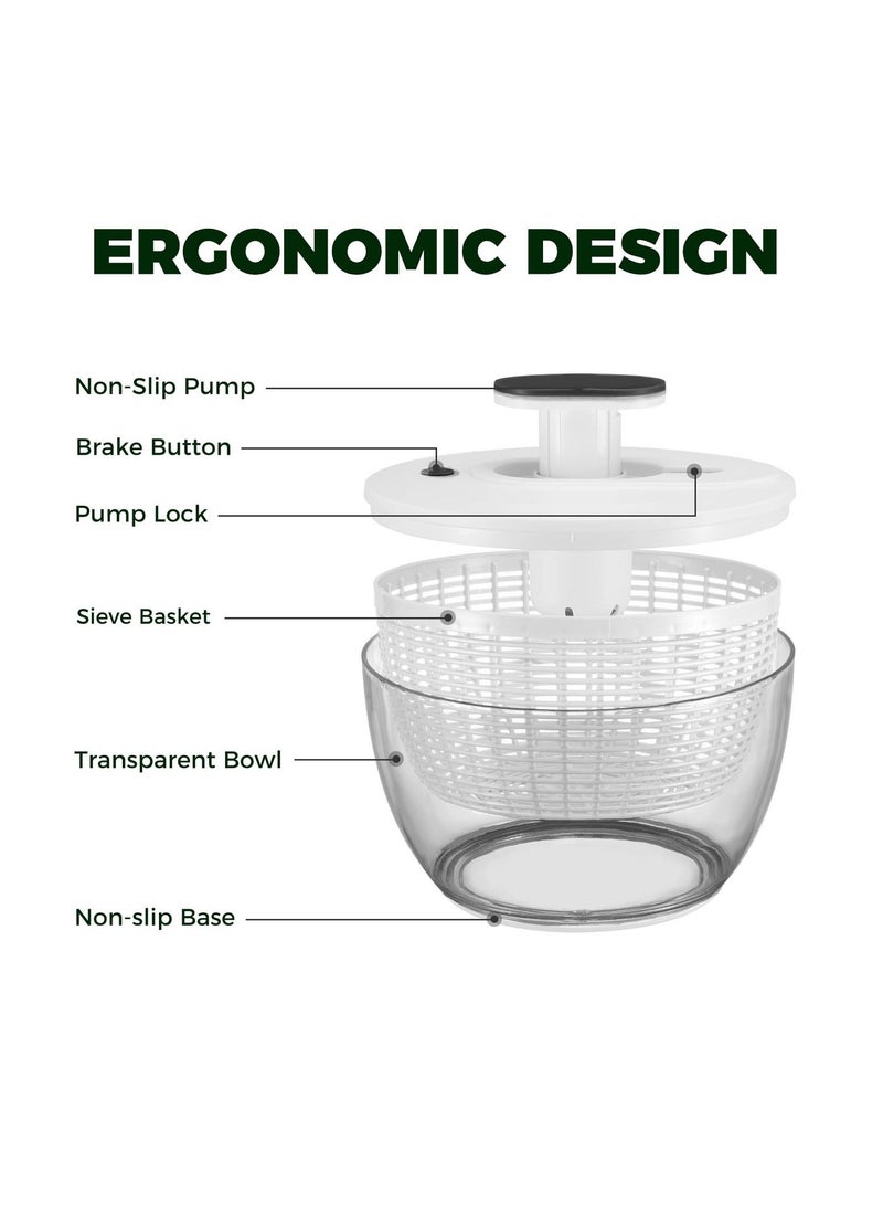 مجفف خضار سلطة كبير 6 لتر، مجفف خس يدوي لتحضير الخضار، مجفف فواكه بمضخة بيد واحدة، أوراق سلطة سريعة التجفيف مع وعاء ومصفاة - Image 3