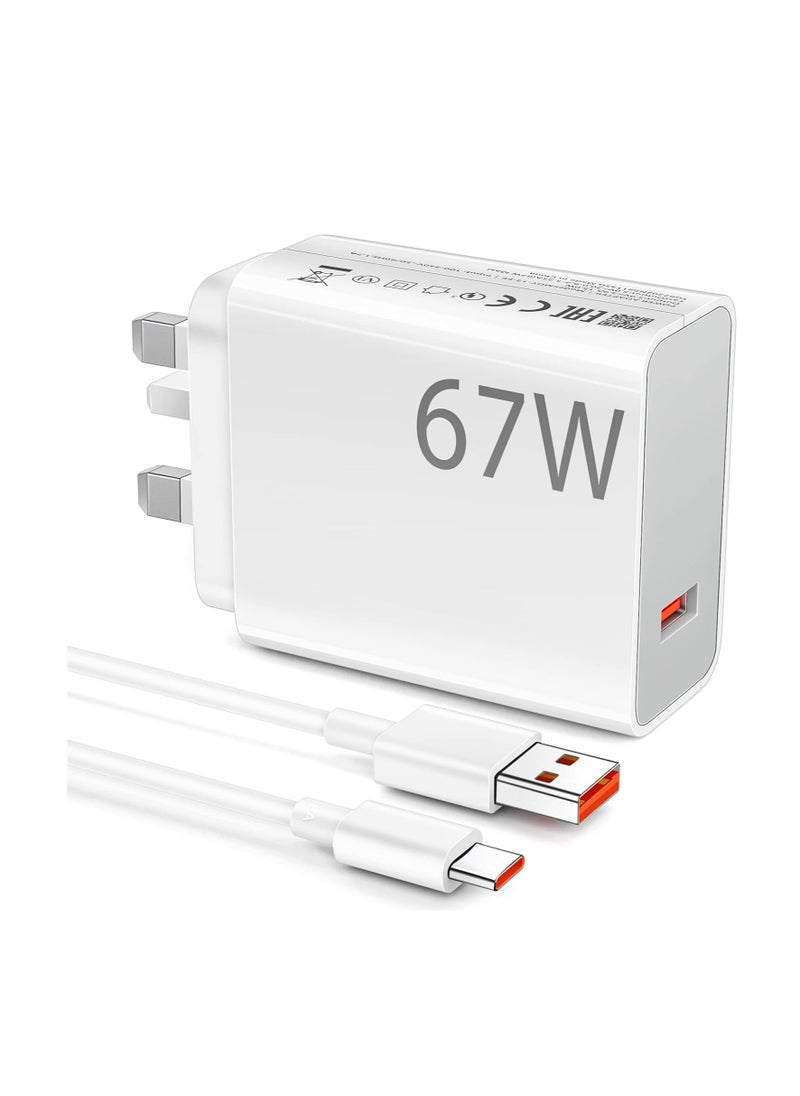 67W Fast Charger Travel UK Plug Adapter for Xiaomi Mi 15 14T 14 13 13T 12 12t 12s Pro Lite Redmi Note 14 13 Pro 12 11 10 9 K80 K70 K60 K50 11 11s Plus 11t Poco F6 F5 F4 X7 X6 X5 X4 Gt Black Shark 4 5 6 7Pro,White