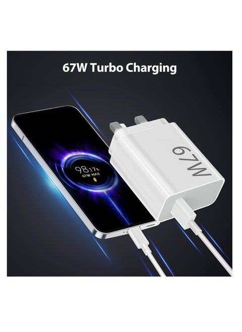 67W Fast Charger Travel UK Plug Adapter for Xiaomi Mi 15 14T 14 13 13T 12 12t 12s Pro Lite Redmi Note 14 13 Pro 12 11 10 9 K80 K70 K60 K50 11 11s Plus 11t Poco F6 F5 F4 X7 X6 X5 X4 Gt Black Shark 4 5 6 7Pro,White