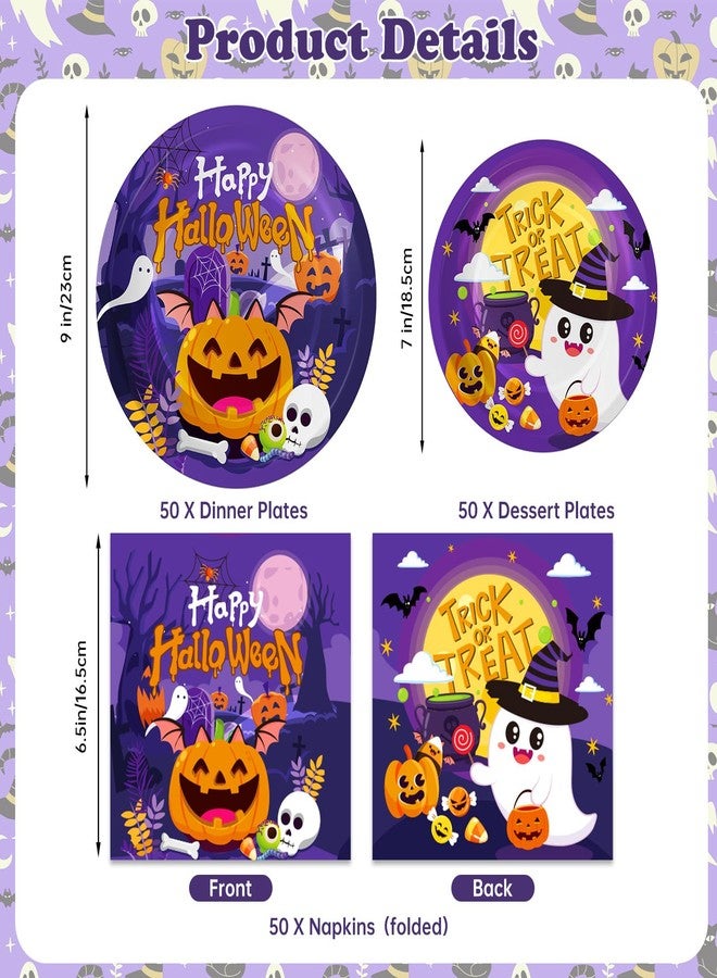 PERFQU 150 Pcs Halloween Plates and Napkins Sets - Cute Happy Halloween Party Supplies Tableware, Halloweens Disposable Paper Plates Napkins Set for Halloweens Birthday Party Decorations Favors, Serve 50 - Image 3