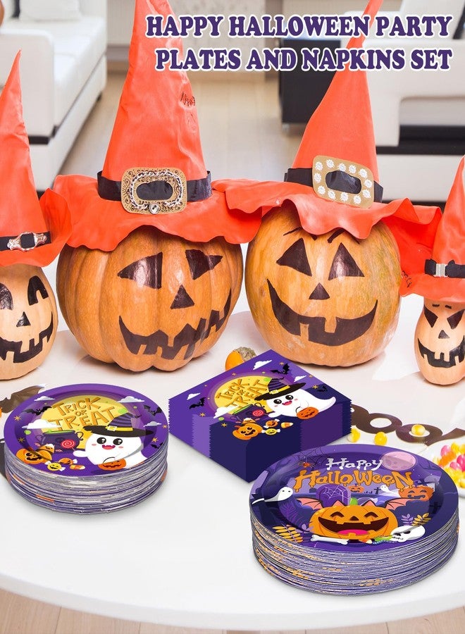 PERFQU 150 Pcs Halloween Plates and Napkins Sets - Cute Happy Halloween Party Supplies Tableware, Halloweens Disposable Paper Plates Napkins Set for Halloweens Birthday Party Decorations Favors, Serve 50 - Image 5