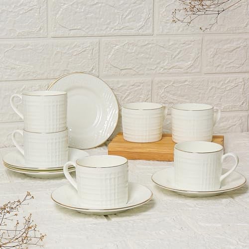 Femora Ceramic Coffee & Tea Cup Set (6 Cups with 6 Saucers), 200 ml, White Gold Line Square Cut Design | Microwave Safe & Dishwasher Safe - Image 1