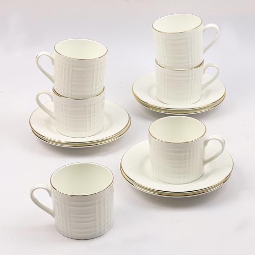 Femora Ceramic Coffee & Tea Cup Set (6 Cups with 6 Saucers), 200 ml, White Gold Line Square Cut Design | Microwave Safe & Dishwasher Safe - Image 4