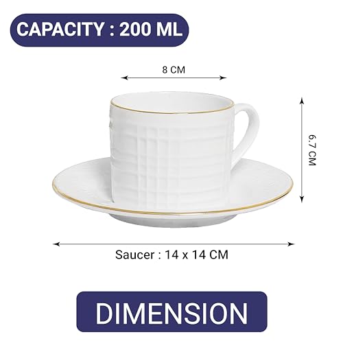 Femora Ceramic Coffee & Tea Cup Set (6 Cups with 6 Saucers), 200 ml, White Gold Line Square Cut Design | Microwave Safe & Dishwasher Safe - Image 3