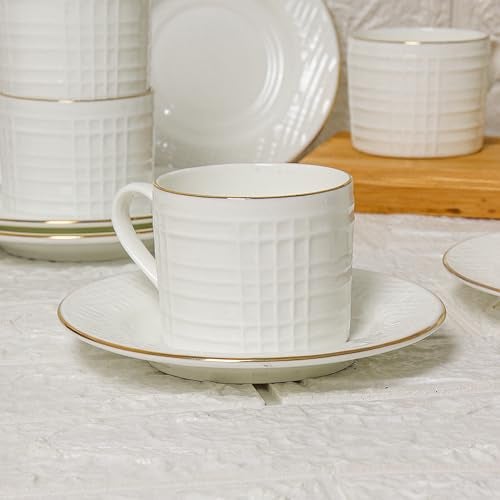 Femora Ceramic Coffee & Tea Cup Set (6 Cups with 6 Saucers), 200 ml, White Gold Line Square Cut Design | Microwave Safe & Dishwasher Safe - Image 2