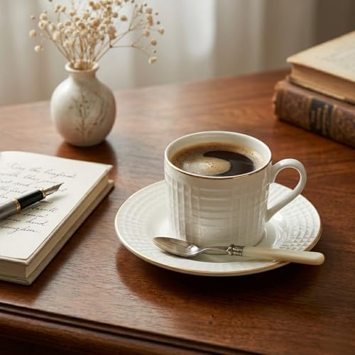 Femora Ceramic Coffee & Tea Cup Set (6 Cups with 6 Saucers), 200 ml, White Gold Line Square Cut Design | Microwave Safe & Dishwasher Safe - Image 5