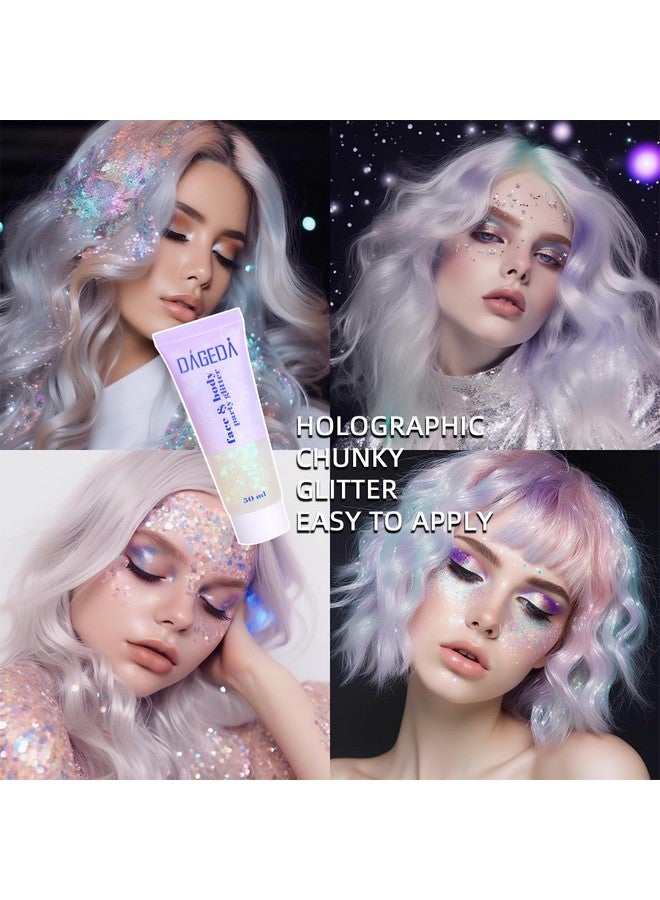 DAGEDA Body Glitter Gel Face Glitter Body Gel Sequins Shimmer Liquid Eyeshadow Chunky Glitter For Face Hair Nails Holographic Cosmetic Laser Powder Festival Glitter Makeup 50Ml(White) - Image 3