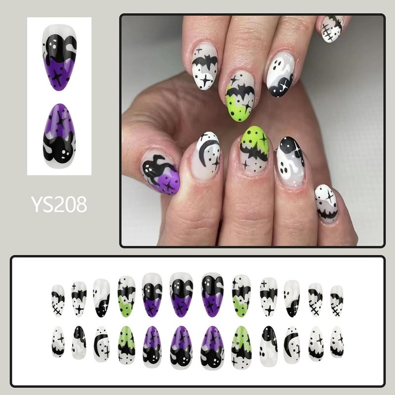 WULIUFLY Balanced structure Halloween Short Fake Nails Almond Press on Nails French Tip Acrylic Nails Black Bat Glue on Nails Halloween Ghost Nails Press ons Grey French Halloween Press on Nails for Women Manicure Decorations Full village delivery cover - Image 2