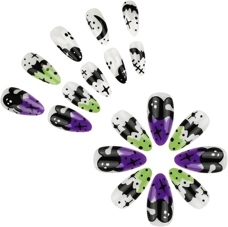 WULIUFLY Balanced structure Halloween Short Fake Nails Almond Press on Nails French Tip Acrylic Nails Black Bat Glue on Nails Halloween Ghost Nails Press ons Grey French Halloween Press on Nails for Women Manicure Decorations Full village delivery cover - Image 4
