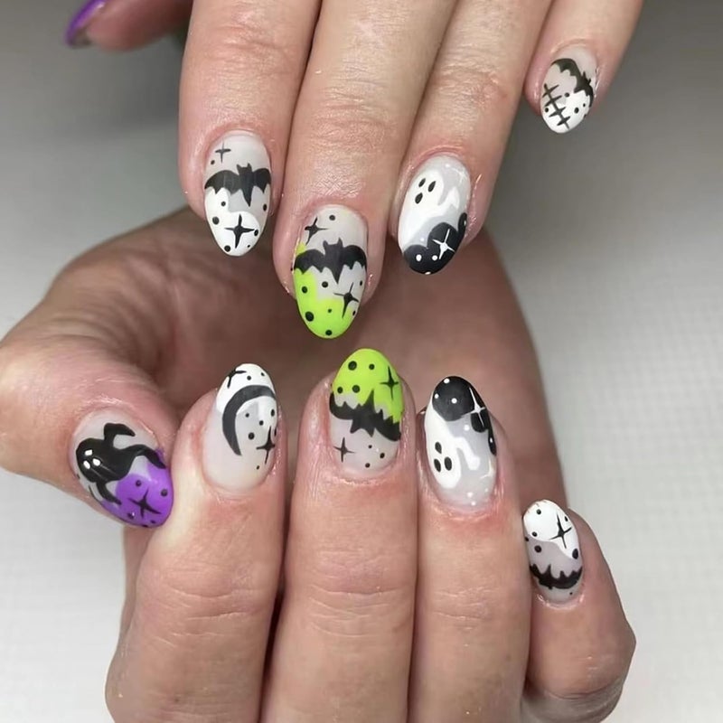 WULIUFLY Balanced structure Halloween Short Fake Nails Almond Press on Nails French Tip Acrylic Nails Black Bat Glue on Nails Halloween Ghost Nails Press ons Grey French Halloween Press on Nails for Women Manicure Decorations Full village delivery cover - Image 1