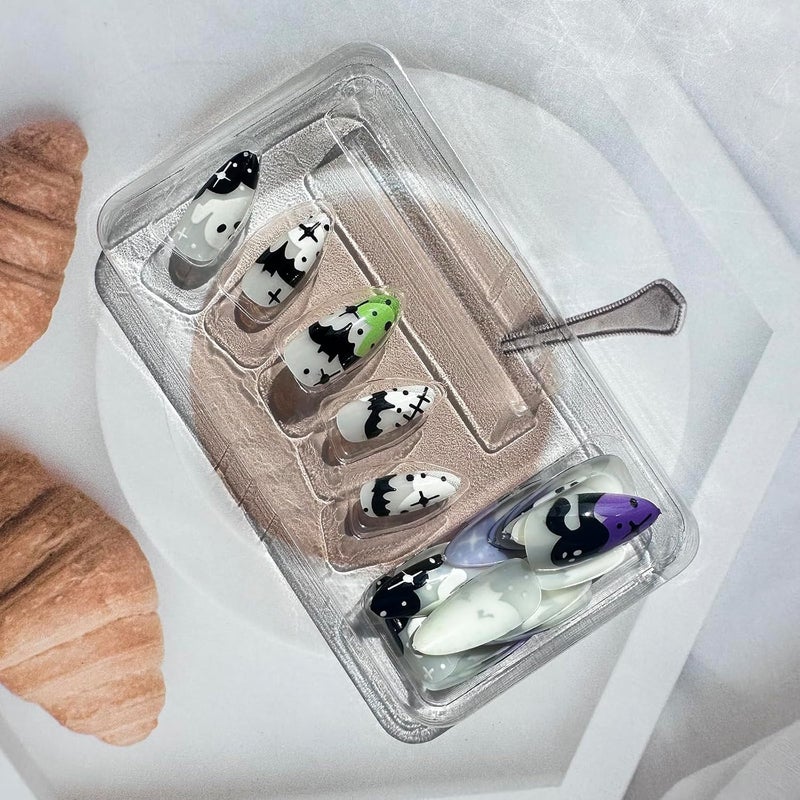 WULIUFLY Balanced structure Halloween Short Fake Nails Almond Press on Nails French Tip Acrylic Nails Black Bat Glue on Nails Halloween Ghost Nails Press ons Grey French Halloween Press on Nails for Women Manicure Decorations Full village delivery cover - Image 3