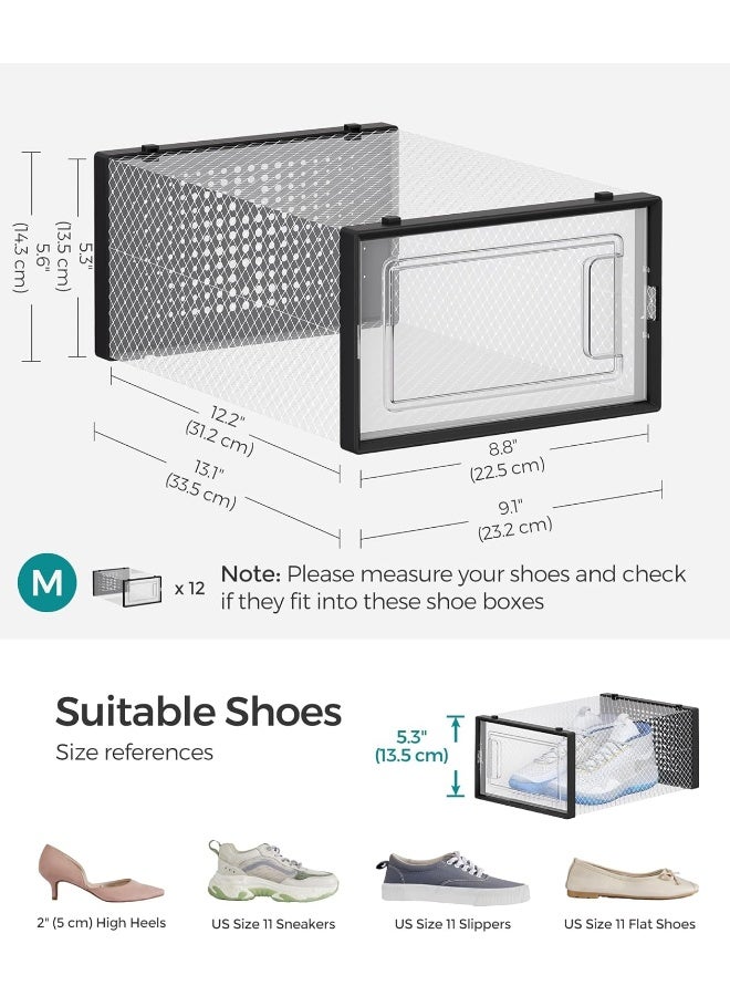SONGMICS Shoe Boxes, Pack of 12 Stackable Shoe Storage Organisers, Foldable and Versatile for Sneakers, Fit up to UK Size 11, Transparent and Ink Black - Image 5