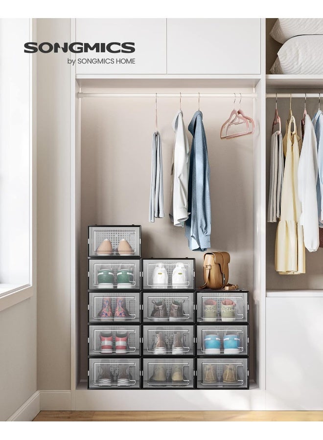 SONGMICS Shoe Boxes, Pack of 12 Stackable Shoe Storage Organisers, Foldable and Versatile for Sneakers, Fit up to UK Size 11, Transparent and Ink Black - Image 2