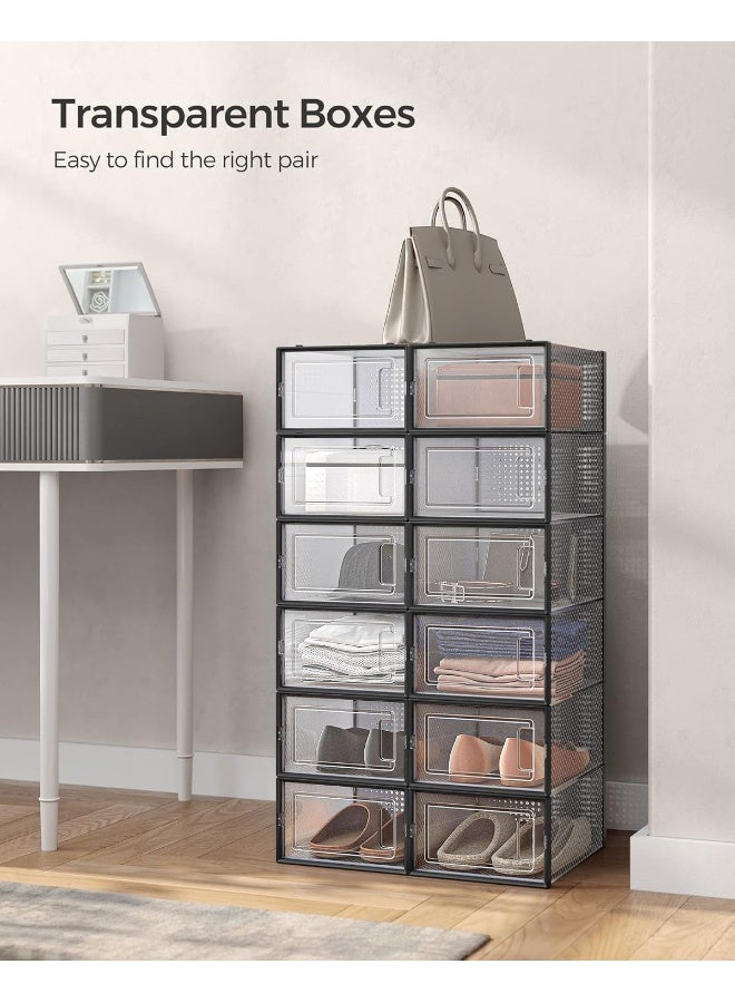 SONGMICS Shoe Boxes, Pack of 12 Stackable Shoe Storage Organisers, Foldable and Versatile for Sneakers, Fit up to UK Size 11, Transparent and Ink Black - Image 3