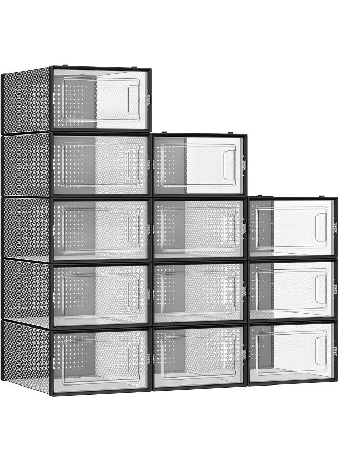 SONGMICS Shoe Boxes, Pack of 12 Stackable Shoe Storage Organisers, Foldable and Versatile for Sneakers, Fit up to UK Size 11, Transparent and Ink Black - Image 1