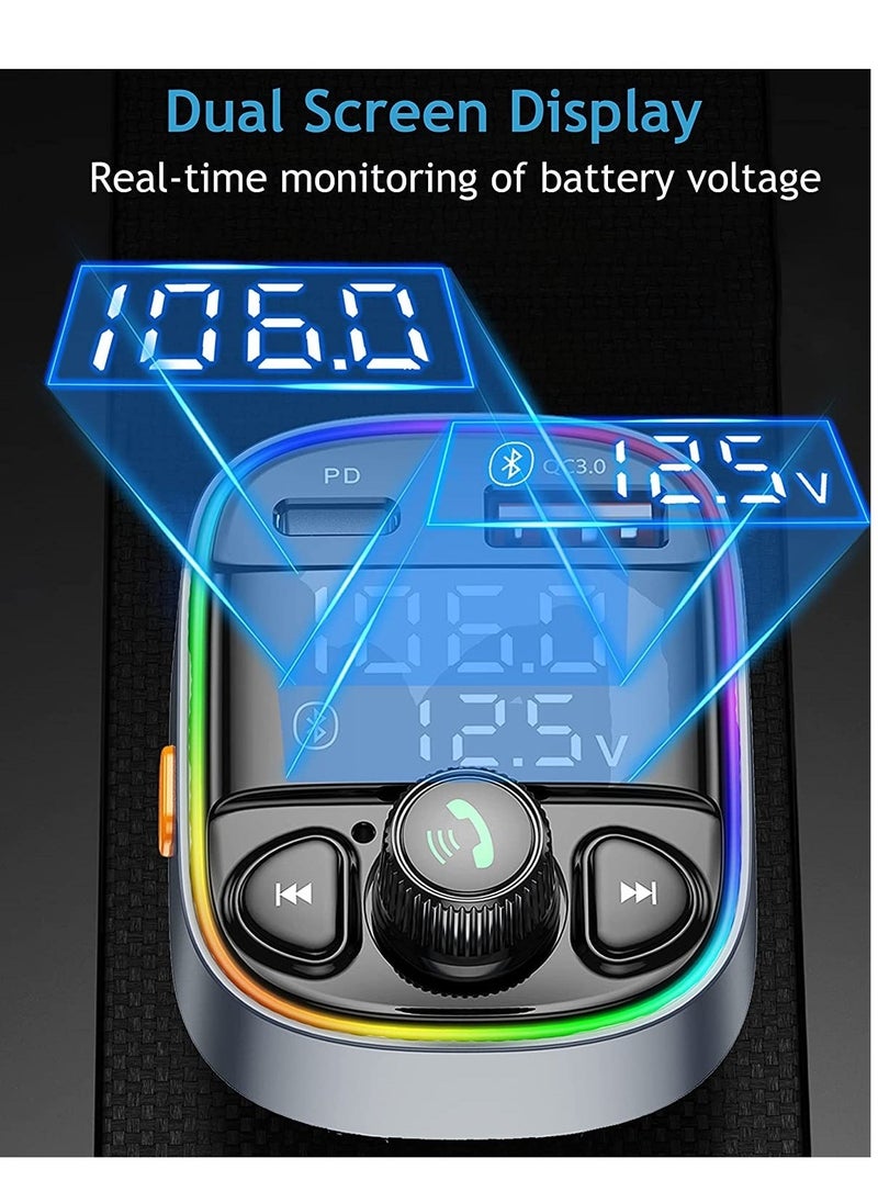 Raxoom Wireless Bluetooth Car Adapter,FM Transmitter AUX Radio Receiver,Handsfree Call,QC3.0 & Type-C USB Car Charger Ports, 7 Color Backlit with 2 LED Display, TF Card & USB Music Player - Image 2