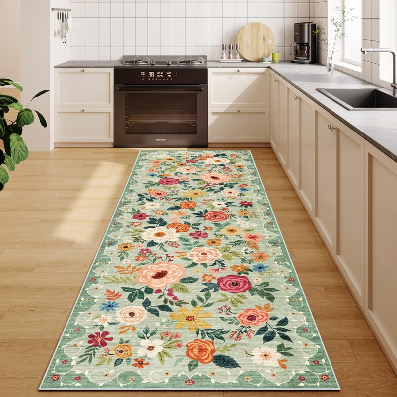 DUKINO 2x6 Kitchen Runner Rug for Hallway, Washable Runner Rug with Non Slip Backing, Low Pile Soft Boho Spring Floral Carpet for Kitchen, Hallway, Entryway, Laundry, Bedroom, Green - Image 1
