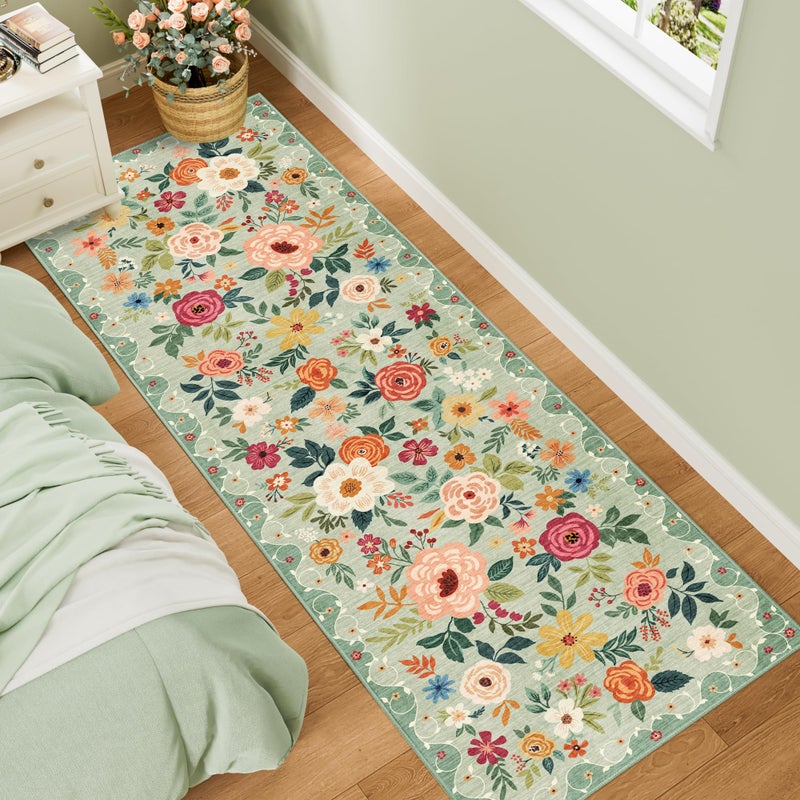 DUKINO 2x6 Kitchen Runner Rug for Hallway, Washable Runner Rug with Non Slip Backing, Low Pile Soft Boho Spring Floral Carpet for Kitchen, Hallway, Entryway, Laundry, Bedroom, Green - Image 2