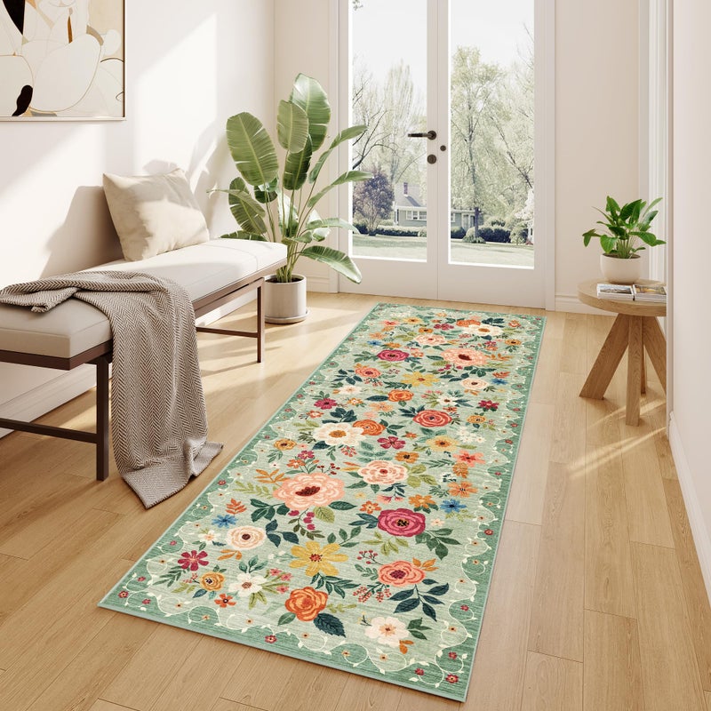 DUKINO 2x6 Kitchen Runner Rug for Hallway, Washable Runner Rug with Non Slip Backing, Low Pile Soft Boho Spring Floral Carpet for Kitchen, Hallway, Entryway, Laundry, Bedroom, Green - Image 3