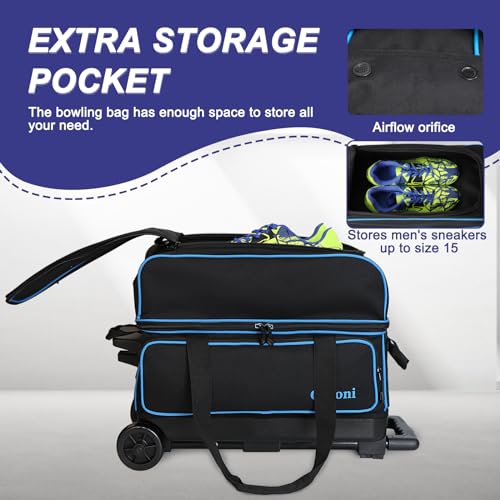 Goloni Double Roller 2 two bowling ball bag with wheels with Separate Shoe Compartment Size 15 and Oversized Accessory Pocket,2/two ball bowling bag,Retractable Handle Extends to 40" - Image 4