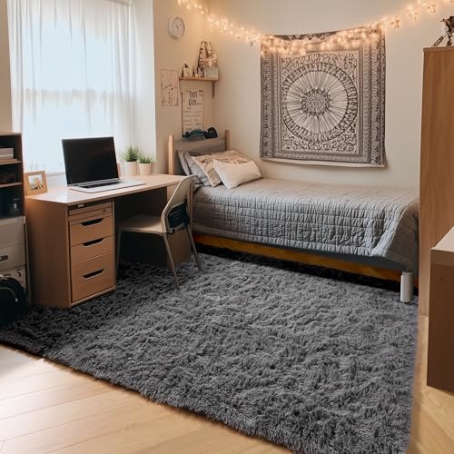 ONASAR Grey Area Rugs for Bedroom Living Room, Fluffy Fuzzy Shag Shaggy 4x6 Bedside Rug, Gray Washable Soft Plush Indoor Floor Carpet for Nursery Kids Girls Boys Teen Dorm Home Office Decor Aesthetic - Image 4