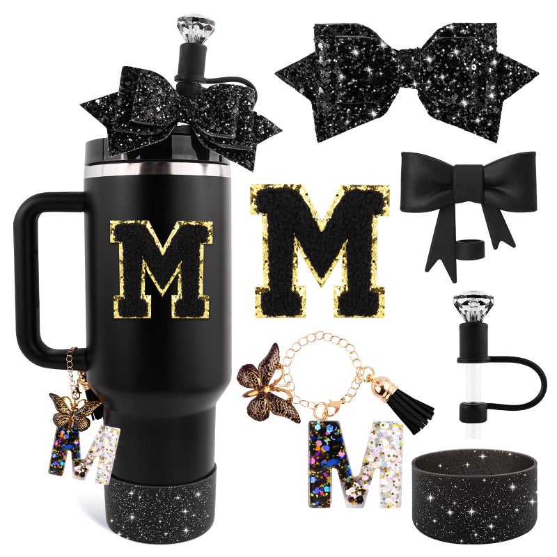 Lingdeer Black Cup Accessories Set for Stanley 30OZ 40OZ Tumbler with Handle Letter Charms Bow Diamond Straw Covers Glitter Silicone Boot Personalized Sticker for Stanley Cup Accessories M - Image 2