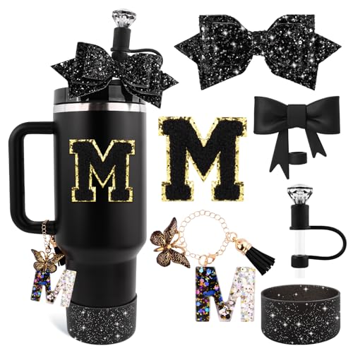 Lingdeer Black Cup Accessories Set for Stanley 30OZ 40OZ Tumbler with Handle Letter Charms Bow Diamond Straw Covers Glitter Silicone Boot Personalized Sticker for Stanley Cup Accessories M - Image 1