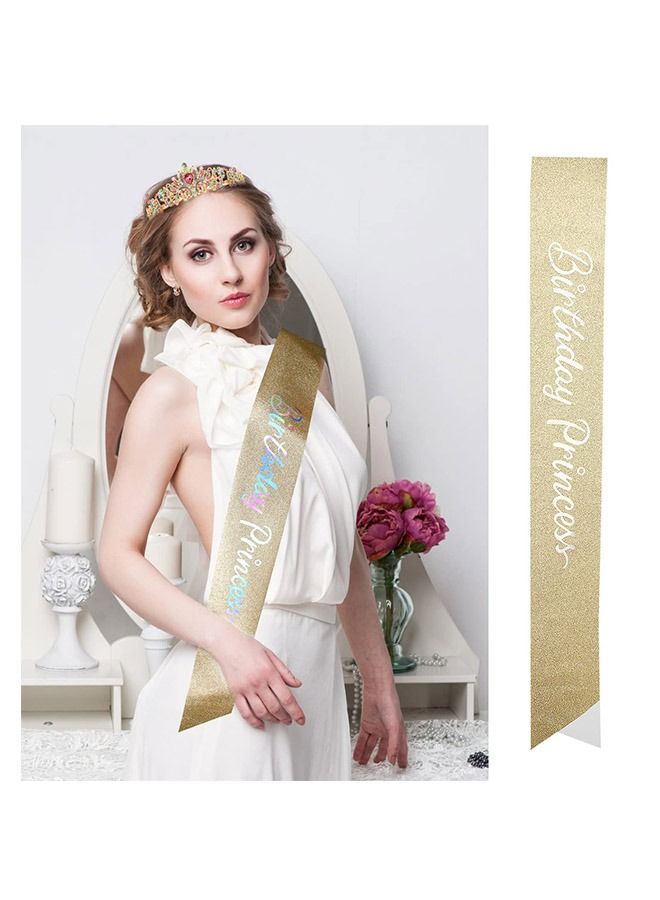 Colorful AB Drill Birthday Crown and Sash, Rhinestones Princess Crown Headband with Flash Letter Sash, Birthday Party Decorations Supplies(Golden) - Image 3