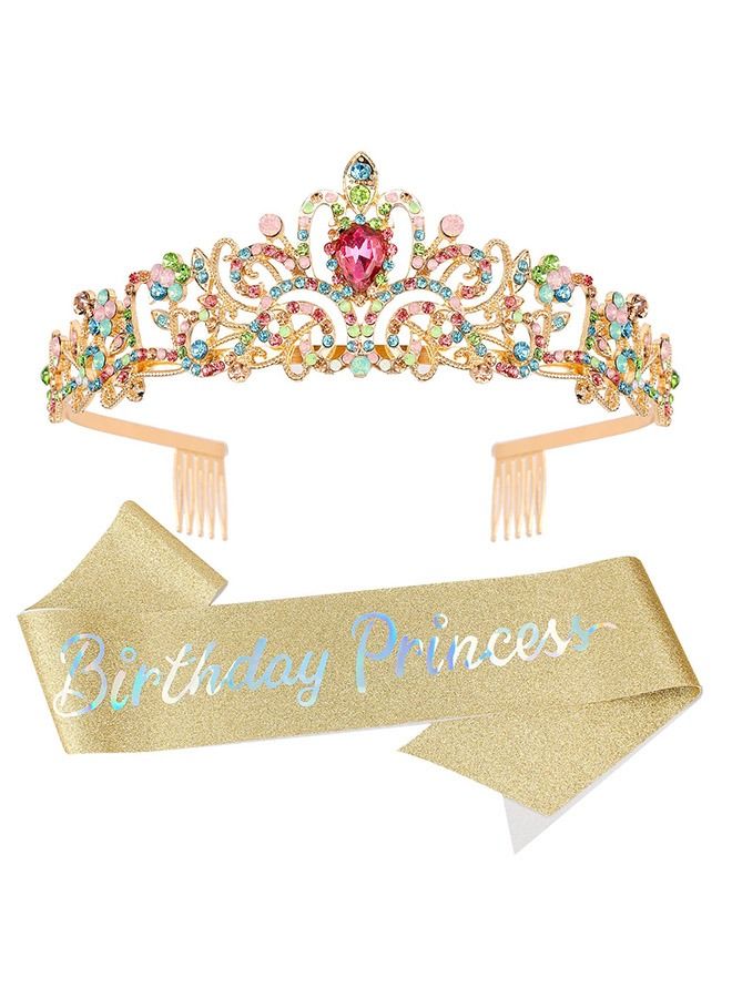 Colorful AB Drill Birthday Crown and Sash, Rhinestones Princess Crown Headband with Flash Letter Sash, Birthday Party Decorations Supplies(Golden) - Image 1