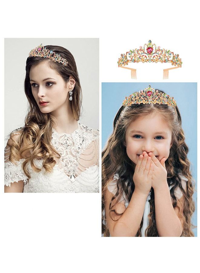 Colorful AB Drill Birthday Crown and Sash, Rhinestones Princess Crown Headband with Flash Letter Sash, Birthday Party Decorations Supplies(Golden) - Image 4