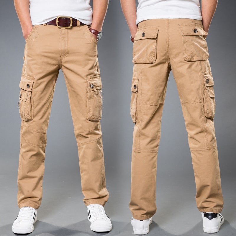 Cotton Mens Cargo Pants Loose Multi-Pocket Durable Work Trousers Khaki  - Image 4