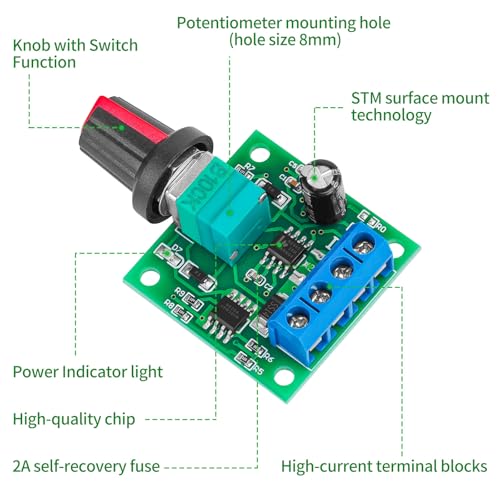 YELUFT 2PCS PWM Low Voltage DC Motor Speed​ Controller 1.8V 3V 5V 6V 12V, 2A 30W Adjustable Driver DC Motor Speed​Regulator Switch with Speed Control Knob 1803BK - Image 3