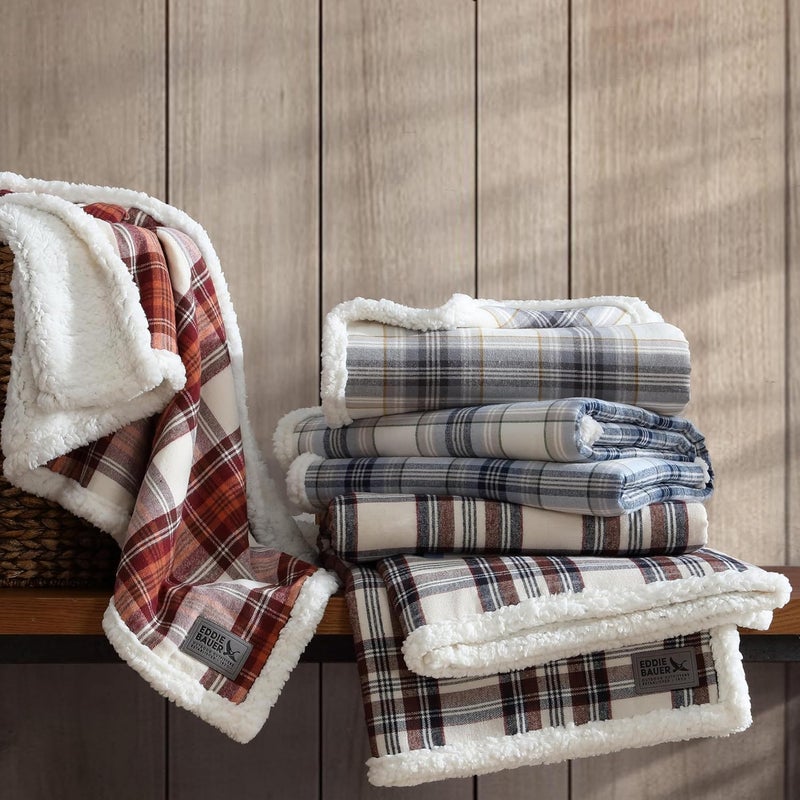 Eddie Bauer - Throw Blanket, Cotton Flannel Home Décor, Sherpa Reversible All Season Bedding (Edgewood Plaid Blue, 50 x 60) - Image 3