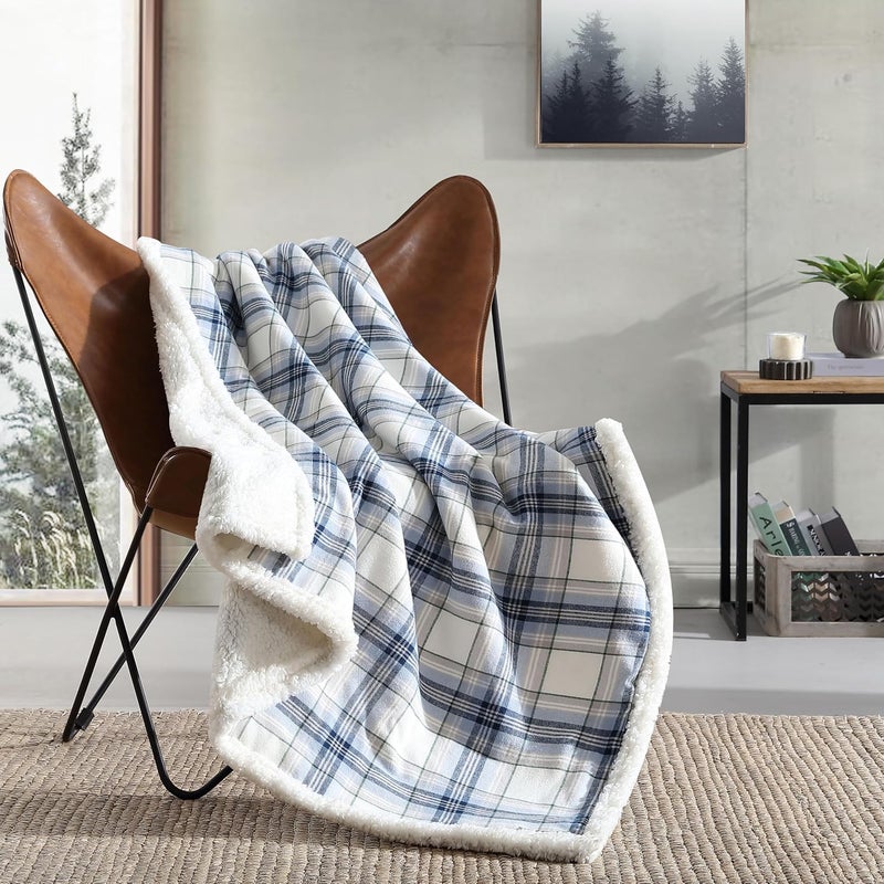 Eddie Bauer - Throw Blanket, Cotton Flannel Home Décor, Sherpa Reversible All Season Bedding (Edgewood Plaid Blue, 50 x 60) - Image 2