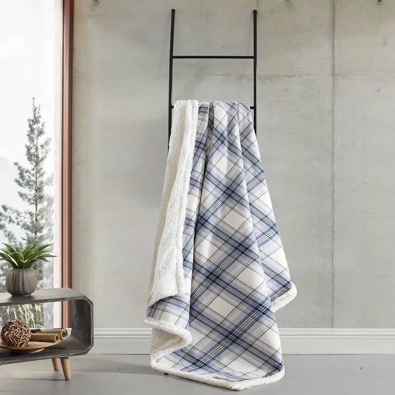 Eddie Bauer - Throw Blanket, Cotton Flannel Home Décor, Sherpa Reversible All Season Bedding (Edgewood Plaid Blue, 50 x 60) - Image 4
