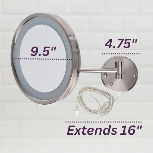 JERDON Lighted Wall-Mounted Makeup Mirror - Magnifying Mirror with LED Lights - 5X - Nickel Finish - Model HL1016NL - Image 3